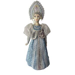 Traditional Russian Folk Doll Blue Dress W/Silver & Lace Handcrafted Collectible